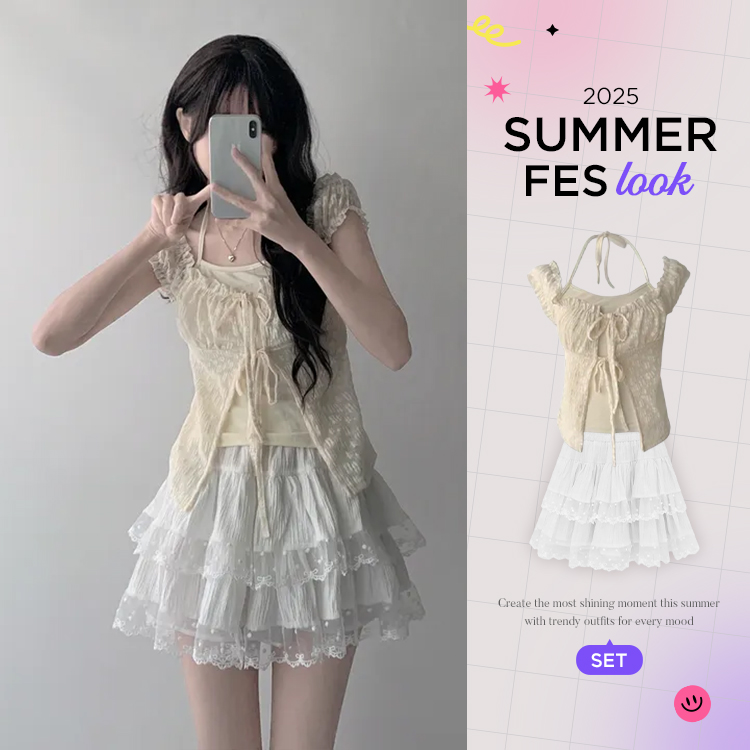 ツーピース 【SUMMER♥フェスコーデセット】キャミ付きリボンブラウス+レースミニスカート